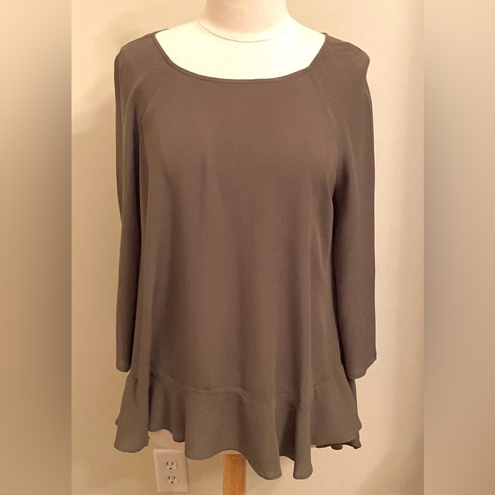 A.N.A. Olive Green Long Bell Sleeves Asymmetrical Ruffle Hem Casual Top Size M